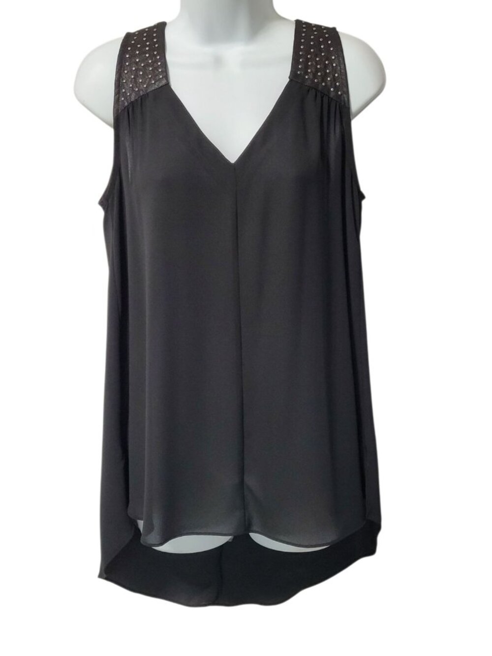 Vintage Y2K Tank Top S Shell Black Studs Hi Low V-Neck Split Back Gauzy